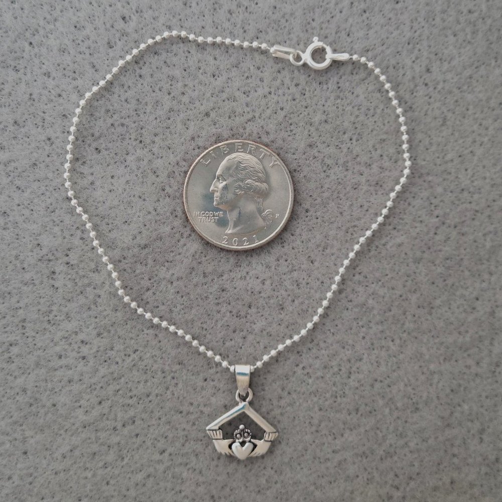 Anklet 925 Sterling Silver Chain and Claddagh Irish Charm